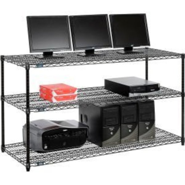 Global Equipment Nexel     3-Shelf Wire Computer LAN Workstation, 60"W x 24"D x 34"H, Black 695375BK